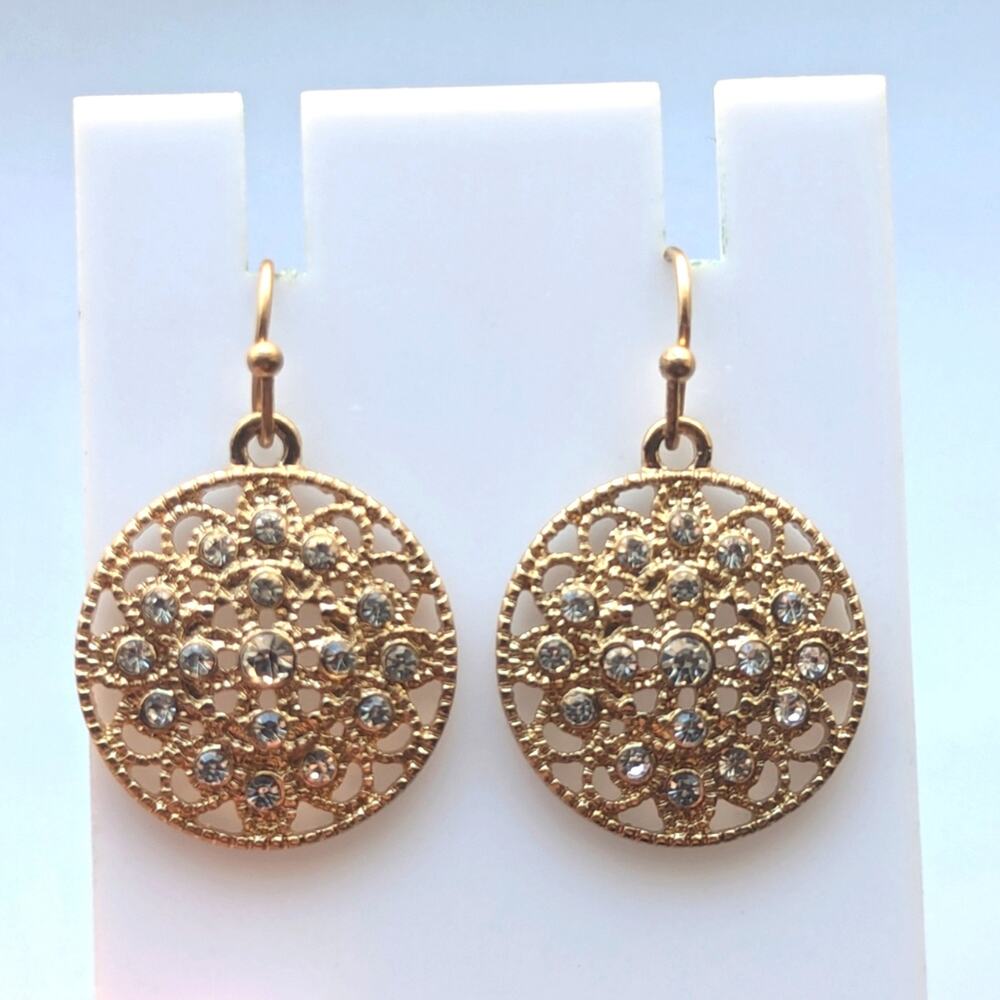 Vintage Gold Tone Filigree Round Open  Rhinestone Ornate Dangle Hook Earrings